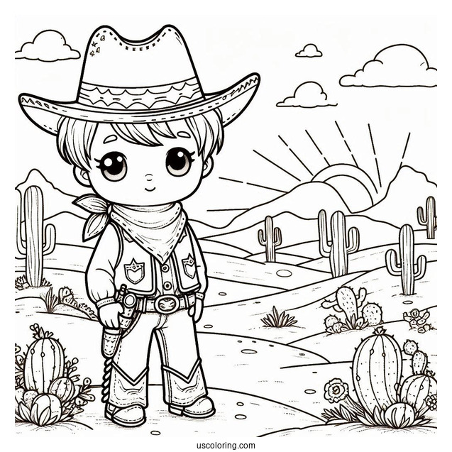 Adorable Little Cowboy Coloring Page In The Desert