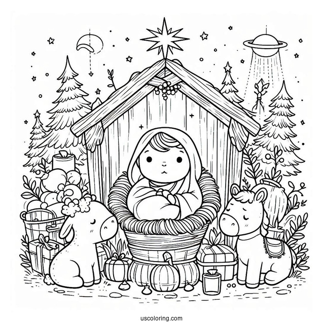 Nativity Coloring Page Of Cute Baby Jesus In The Manger