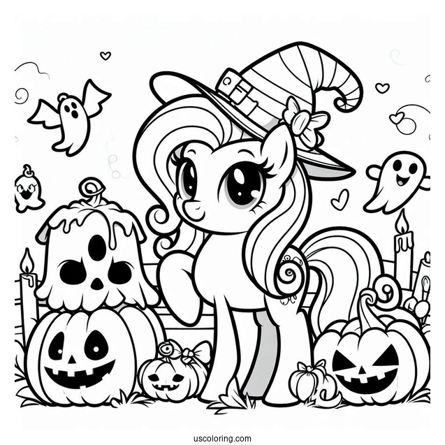 Coloring Sheet of Halloween My Little Pony with Ghosts and Jack-O-Lanterns