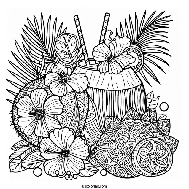 Summer Coloring Page Of Coconut Drink With Hibiscus Flower And Mandala