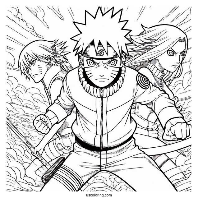Naruto Coloring Page With Sasuke, Sakura, And Kakashi In Fight