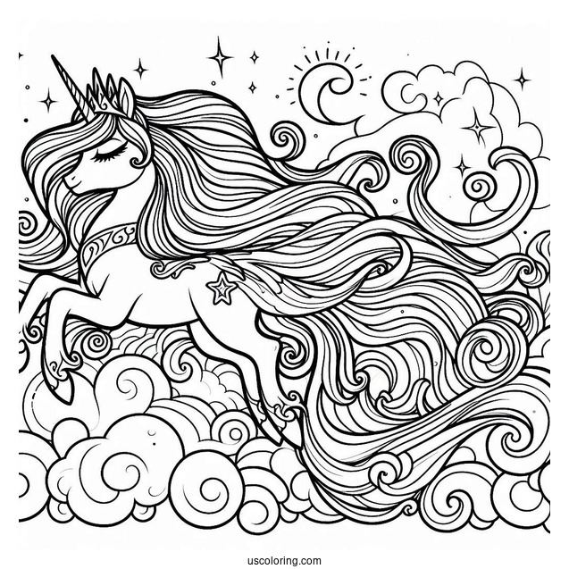 Princess Celestia Coloring Page With Flowing Mane In The Sky