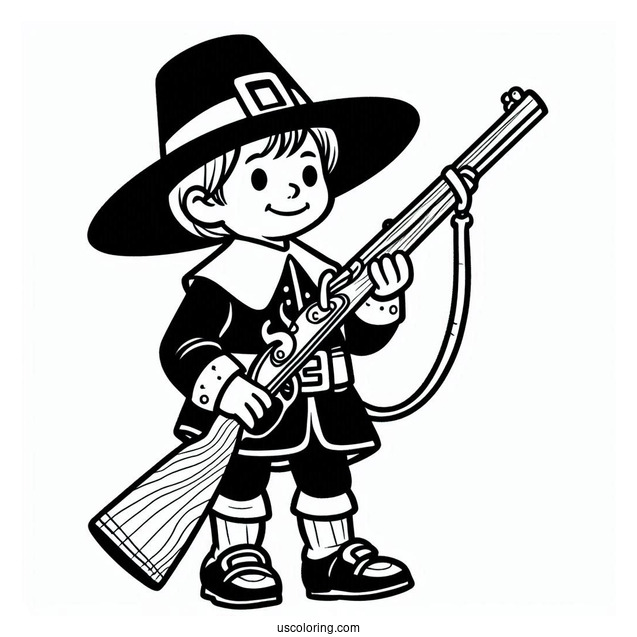 Simple Pilgrim Coloring Page With A Musket For Kids