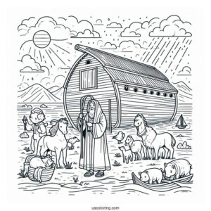 Noah's Ark Coloring Page Of His Family Building The Ark