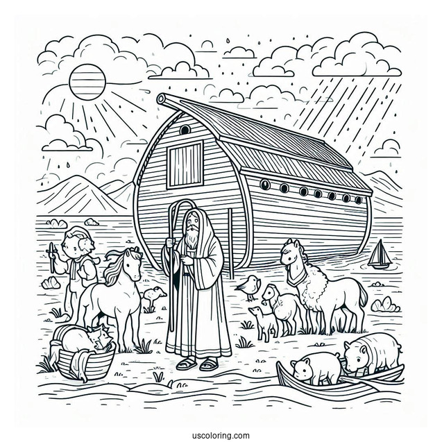 Noah's Ark Coloring Page Of His Family Building The Ark