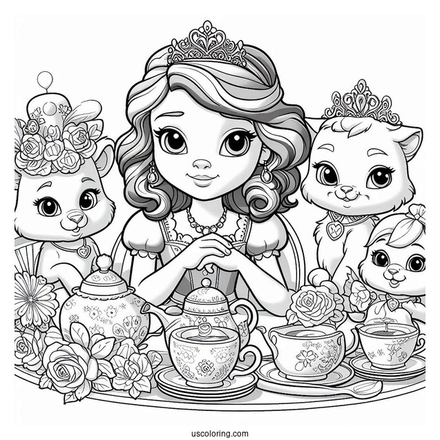 Sofia The First Coloring Pages Tea Party With Clover, Whatnaught, Griffin, And Mia