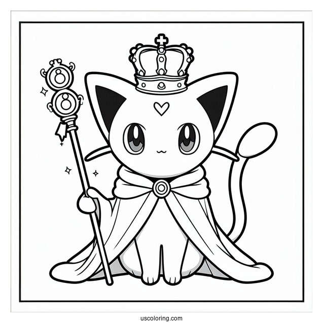 Mew Coloring Page With Crown, Robe, And Scepter For Kids
