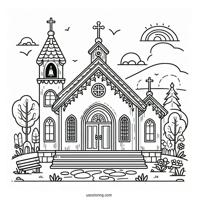 Simple Church Coloring Page With Crosses And Bells For Kids