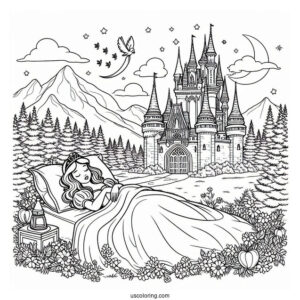 Sleeping Beauty Coloring Page Of Snow White And Aurora Outside A Castle