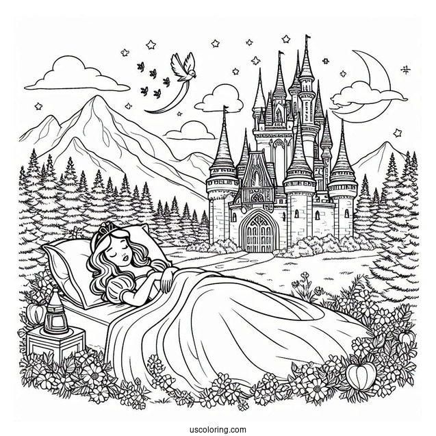 Sleeping Beauty Coloring Page Of Snow White And Aurora Outside A Castle