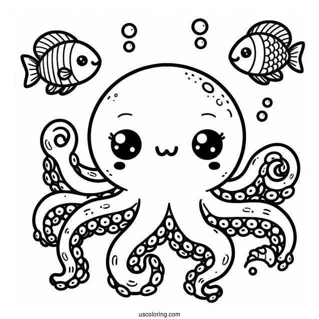 Kawaii Octopus Coloring Page Swimming With Fish