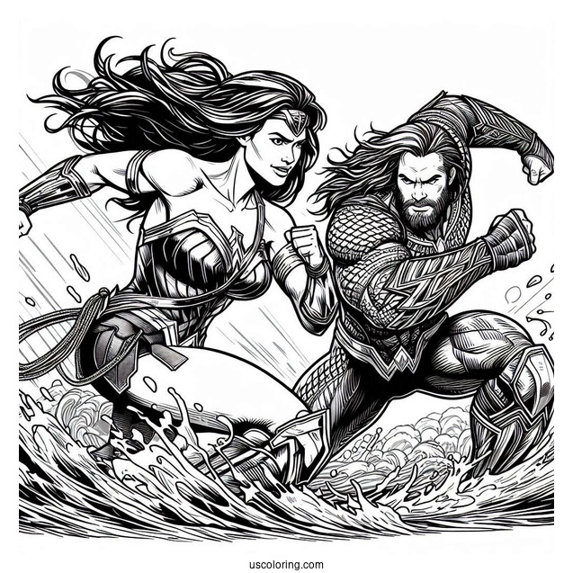 Wonder Woman Fighting Alongside Aquaman Coloring Page