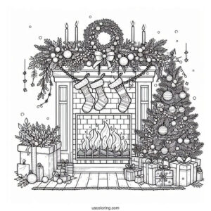 Christmas Coloring Pages For Adults Of Realistic Fireplace With Christmas Garlands And Ornaments
