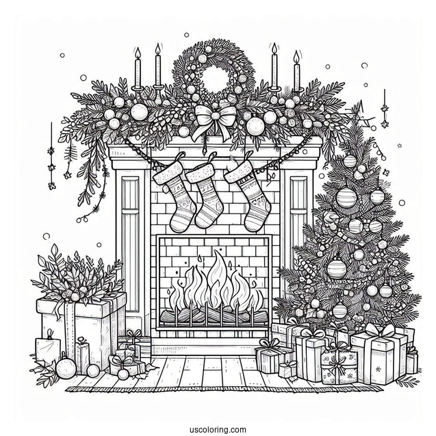 Christmas Coloring Pages For Adults Of Realistic Fireplace With Christmas Garlands And Ornaments