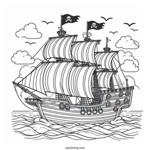 Pirate Ship Coloring Page On A Calm Sea For Kids