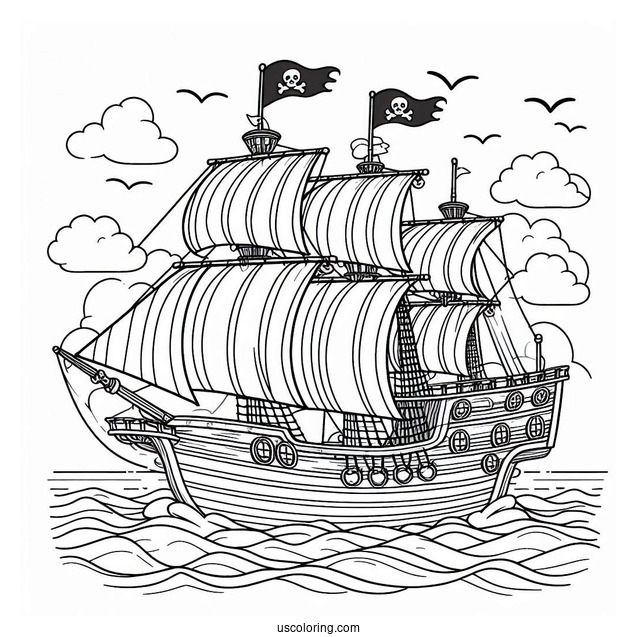 Pirate Ship Coloring Page On A Calm Sea For Kids