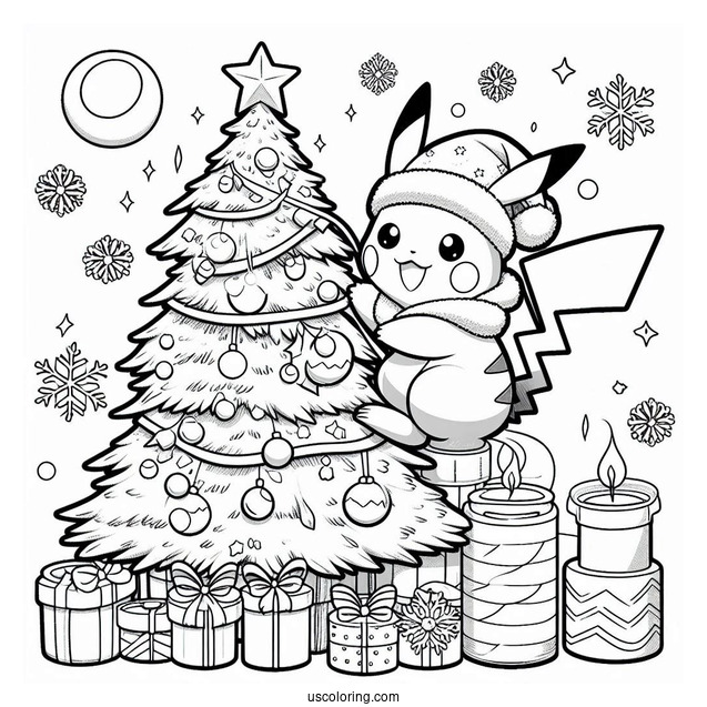 Pokemon Christmas Coloring Page Pikachu Decorating A Christmas Tree
