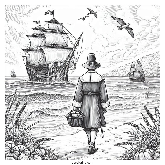 Realistic Pilgrim Coloring Page On The Shore With Ship In The Background