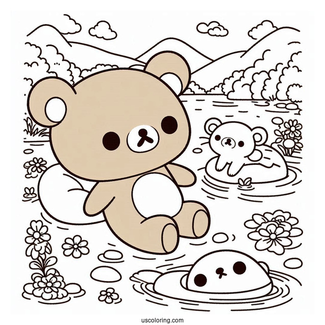 Rilakkuma Coloring Page And Korilakkuma In Otter Onesies Floating On The River With Kiiroitori