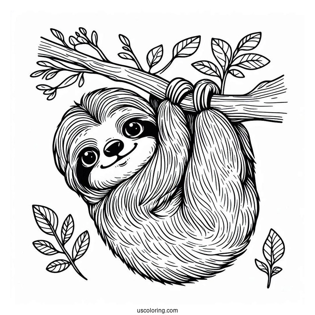 Baby Sloth Hanging From Tree Coloring Sheet