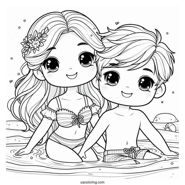 Girl And Boy Swimming At The Beach Coloring Sheet