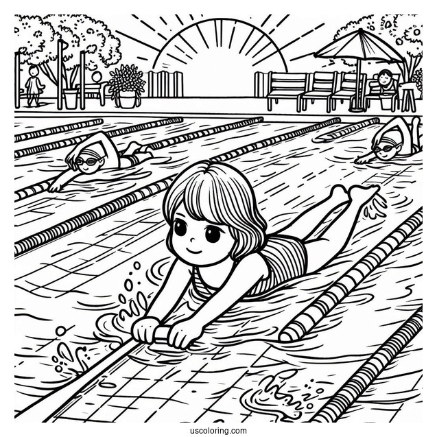 Swimming Coloring Page Of Children Holding Onto Lane Lines While Paddling Feet