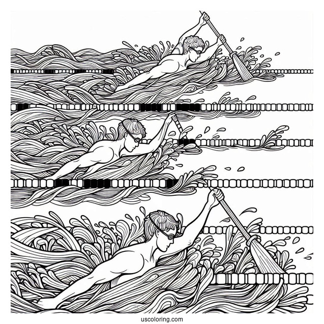 Swimming Coloring Page Of Children Holding Onto Lane Lines While Paddling Feet