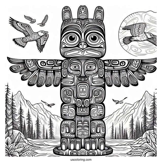 Detailed Native American Coloring Page Totem Pole