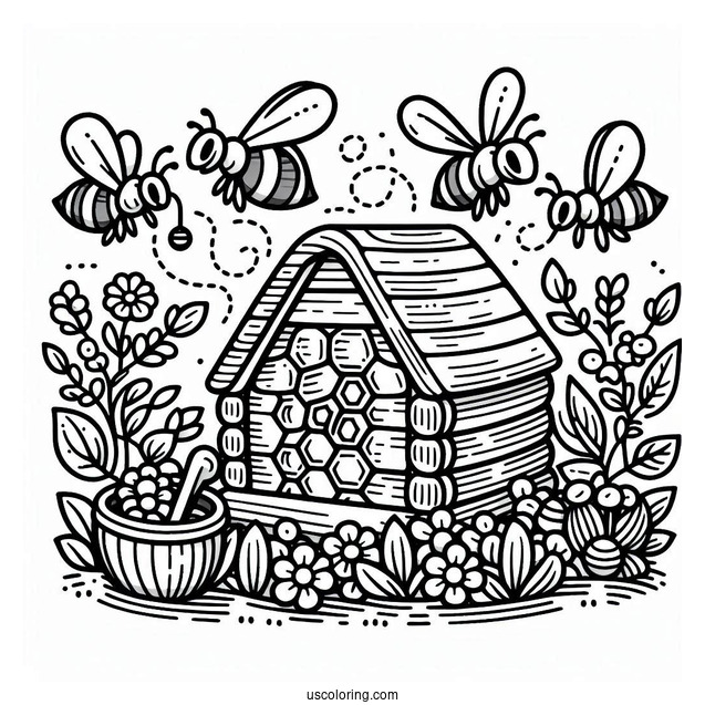 Simple Apiary Of Bee Coloring Page
