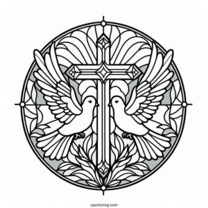 Two Doves Flying To The Cross Stained Glass Coloring Page