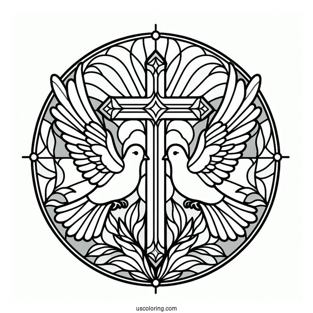 Two Doves Flying To The Cross Stained Glass Coloring Page