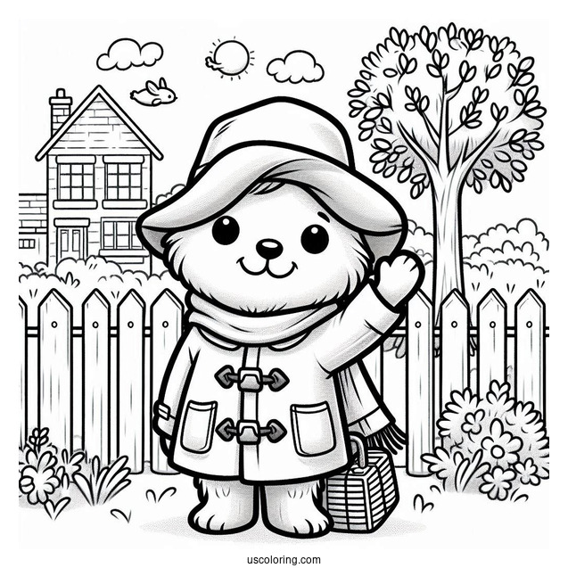 Kawaii Paddington Coloring Page Waving From A Backyard For Kids
