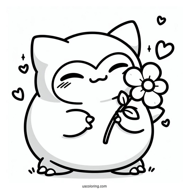 Kawaii Snorlax Coloring Page Holding Flower For Kids
