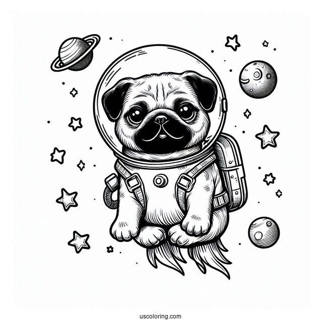 Astronaut Pug Coloring Page Floating in Outer Space
