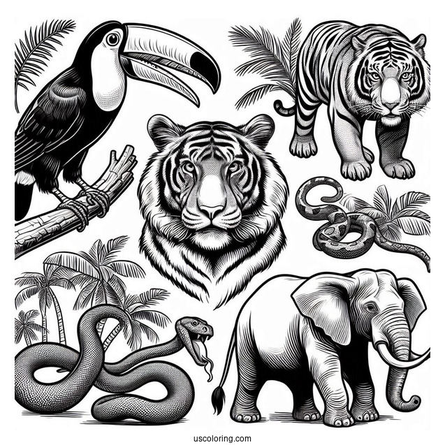 Realistic Toucan, Tiger, Snake, Gorilla, Elephant, And Monkey In Jungle Coloring Page