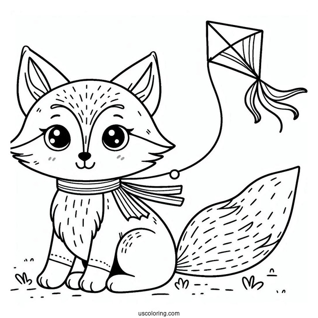 Small Fox Flying A Kite Coloring Page For Preschoolers