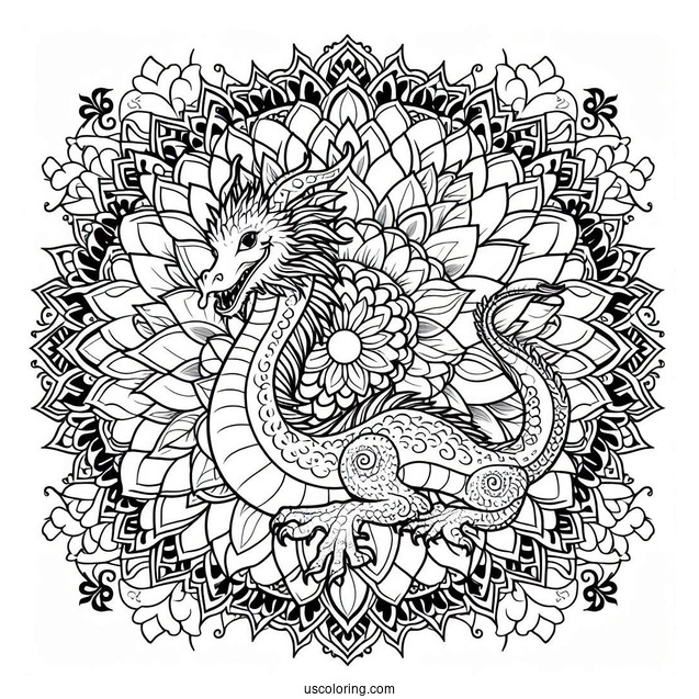 Dragon Behind A Flower Mandala Coloring Page