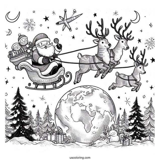Santa And Reindeer Flying Around The World The Night Before Christmas