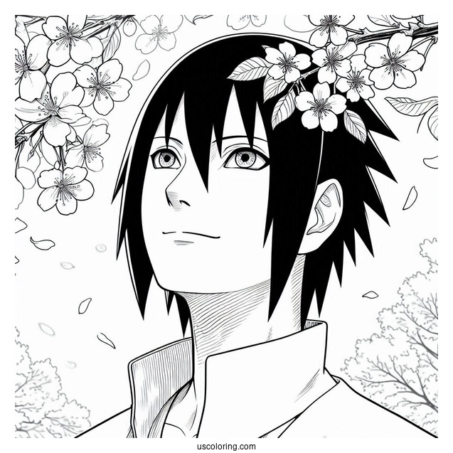 Uchiha Sasuke Coloring Page Smiling At Cherry Blossoms
