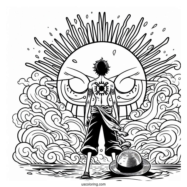 One Piece Coloring Page Of Portgas D. Ace In Front Of Sun