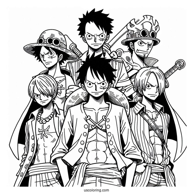 One Piece Coloring Page Of Luffy, Zoro, Sanji, Usopp, And Nami For Kids