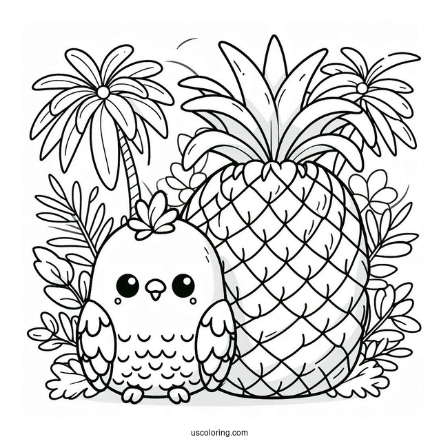 Kawaii Pineapple Coloring Page With Parrot in Tropical Jungle For Kids
