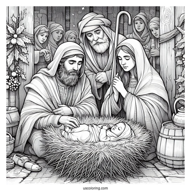 Nativity Coloring Page Of Realistic Wise Men With Joseph And Mary Watching Newborn Jesus