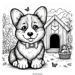 Corgi Puppy In Front Of Dog House