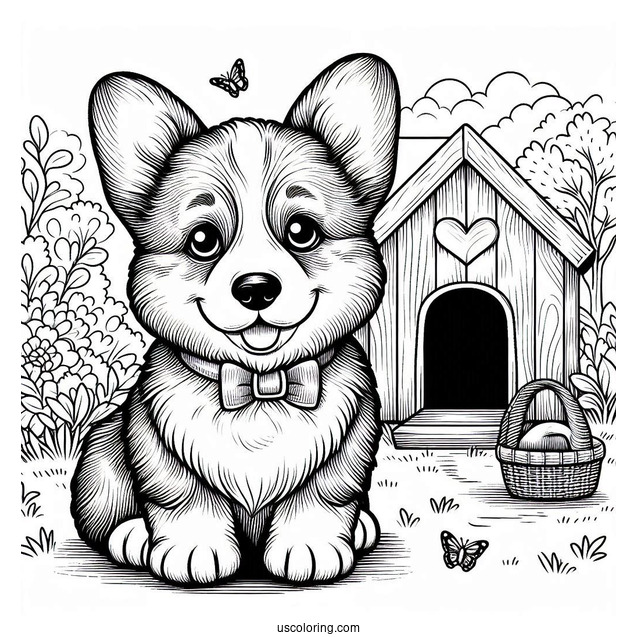 Corgi Puppy In Front Of Dog House
