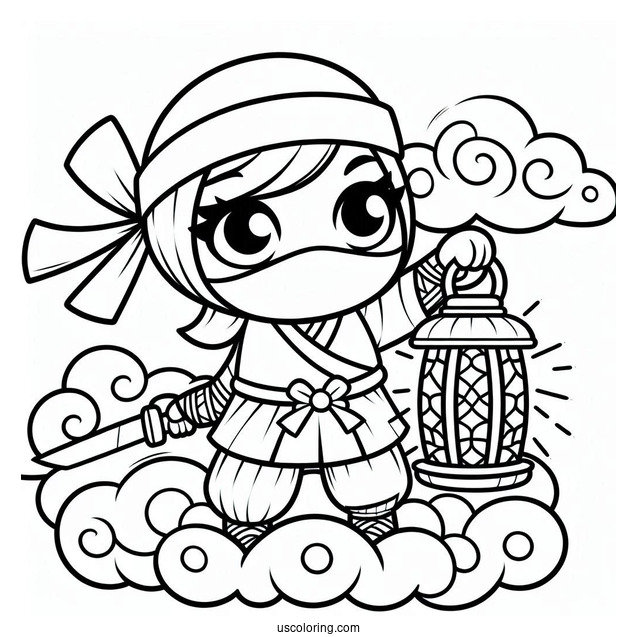 Ninja On A Cloud Holding A Lantern Coloring Sheet For Kids