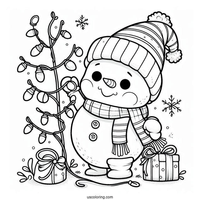 Cute Snowman Playing With Christmas Lights