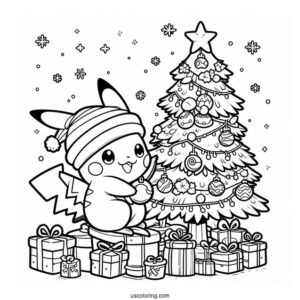 Pokemon Christmas Coloring Page Pikachu Decorating A Christmas Tree