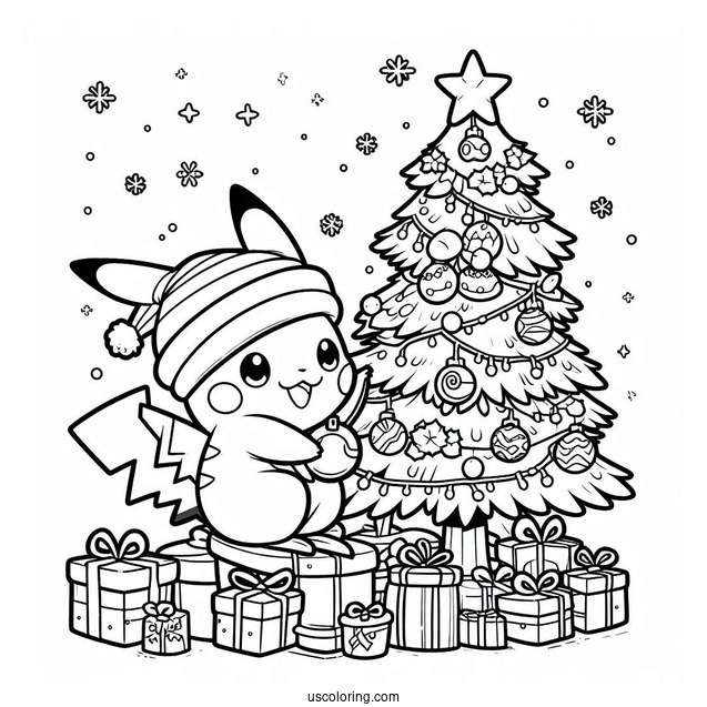 Pokemon Christmas Coloring Page Pikachu Decorating A Christmas Tree