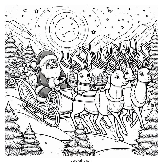 Santa In His Sleigh With Reindeer To Color